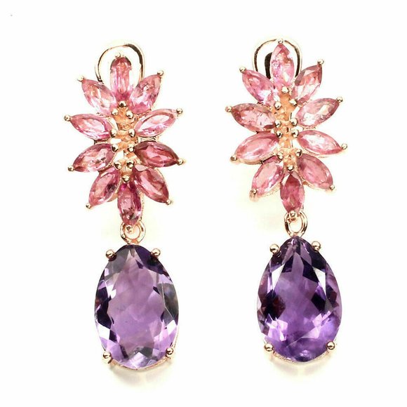 Natural Amethyst & Tourmaline Rose Gold on Sterling Silver Earrings & Ring 7.5 - Picture 4 of 15